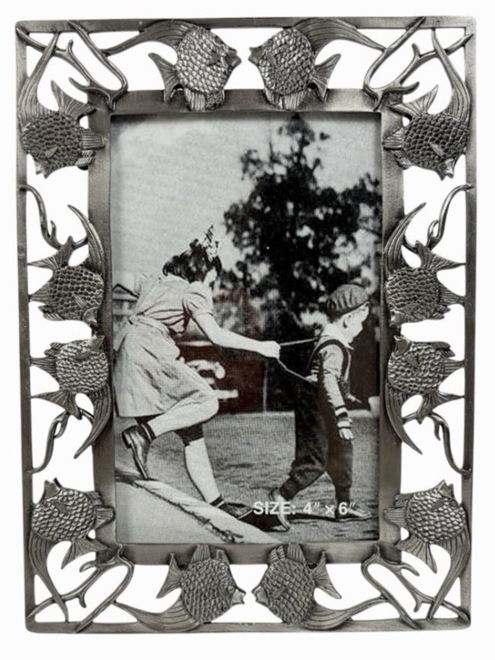 Nautical Pewter Picture Frame 5.75x7.75" Angel Fish Holds 4x6” Ocean Sea Reef